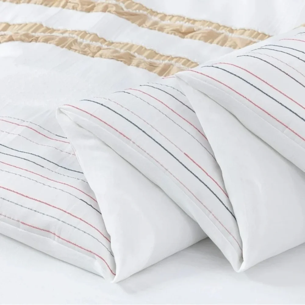 White Comforter with Tan Stripe Detailing - Elegant Layered Comfort